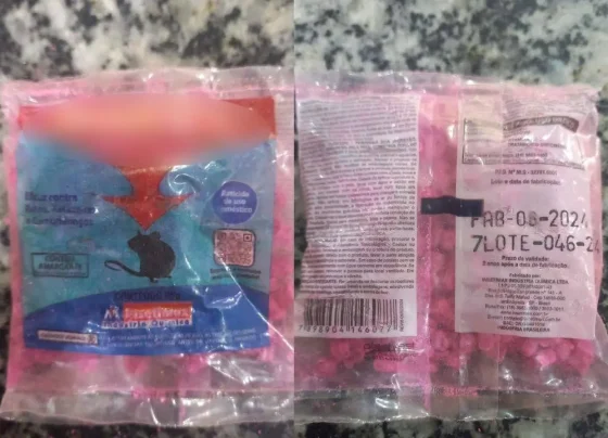 Veneno de rato rosa que teria sido levado por um aluno de 7 anos para escola em Cuiabá. – Foto: Reprodução