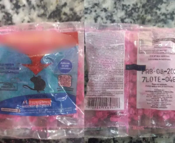 Veneno de rato rosa que teria sido levado por um aluno de 7 anos para escola em Cuiabá. – Foto: Reprodução