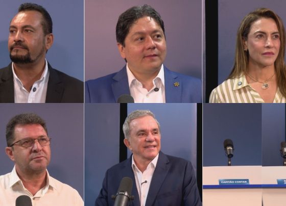 Debate para o Senado em MS reuniu os candidatos Beto do Movimento (PSOL), Roberto Oshiro (Novo), Soraya (PSB), Valter da Comagran (PRD) e Vander Loubet (PT); Capitão Contar (PL) e Reinaldo Azambuja (PL) não compareceram (Foto: Fábio Rodrigues)